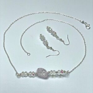 Artisan White Crackle Quartz AB Glass Beaded Bar Silver Plated Necklace Earrings